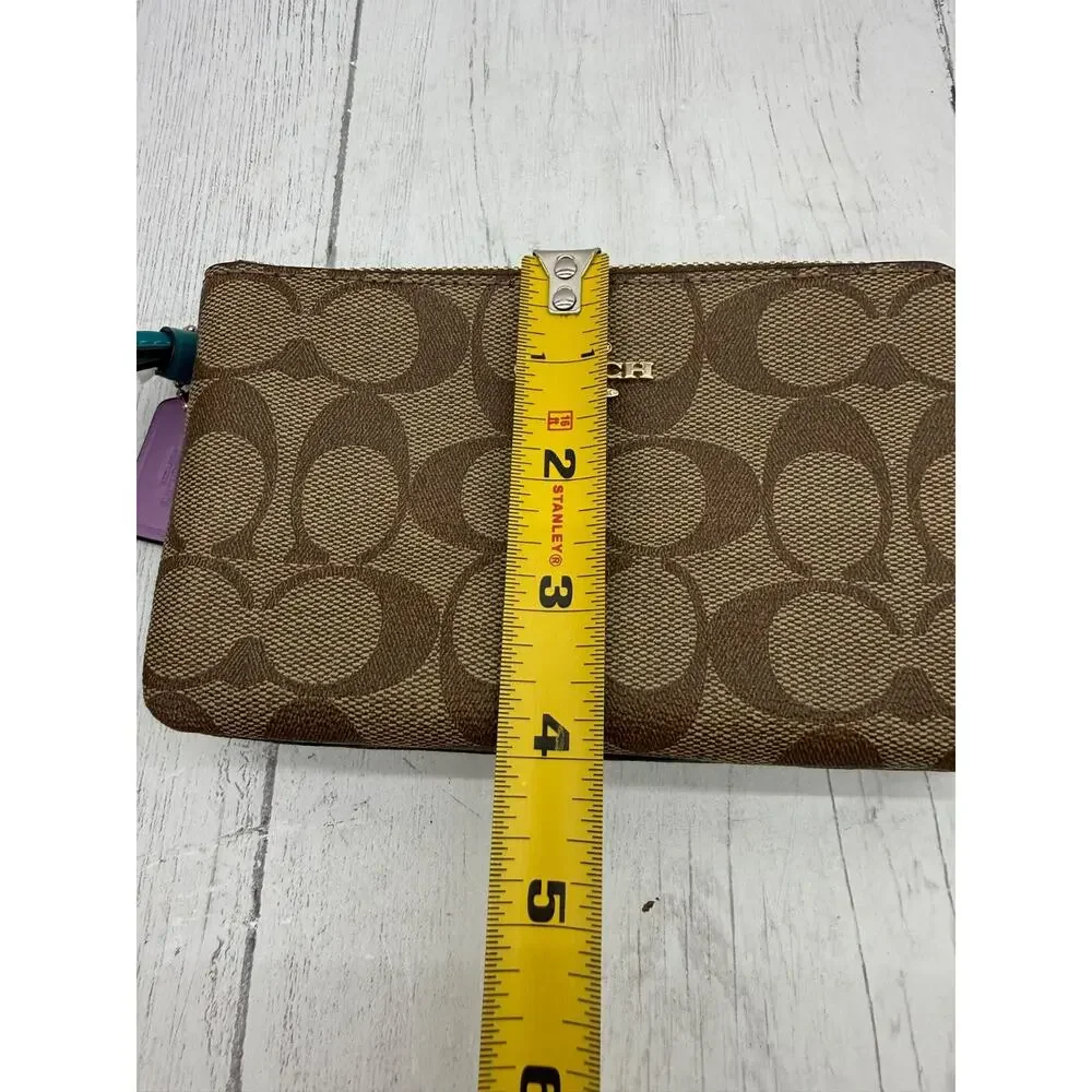 Coach Double Zip Colorblock Brown Signature Canvas Wristlet NEW Teal Strap - Picture 6 of 6